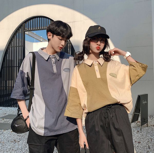 

2020 летний новый молодежный популярные сыпучие корейской версии contrast color отворотом семибалльной рукавом футболки вскользь пуловер m-2, White;black