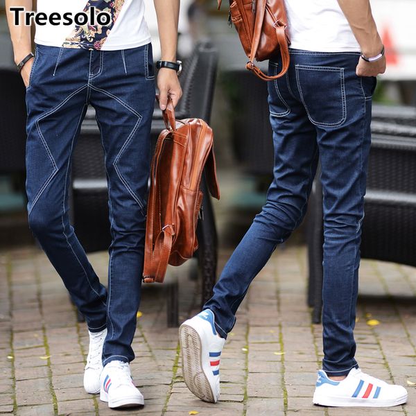 

средний талия твердые тощий карандаш брюки повседневные джинсовые брюки хлопок брюки мода мужские джинсы бренда тонкие эластичные мотоцикл д, Blue