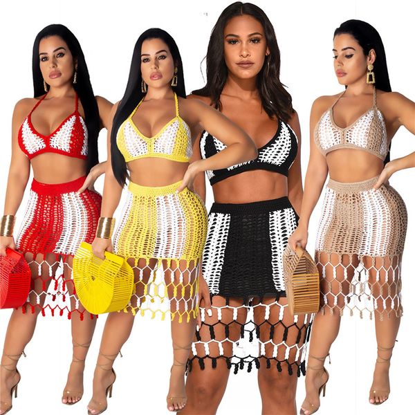 

ручное вязание крючком сексуальный комплект из двух частей платья женщин с плеча выдалбливают bodycon платье лето высокой талией спинки пляж, White