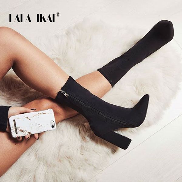 

lala ikai women autumn mid-calf boots super high heels pointed toe zipper closure black shoes flock boot female 014c2726-4