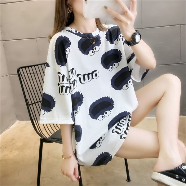 

2020 women's clothing season fashion cartoon printing student casual loose all-match t-shirt midi ins fashion, White