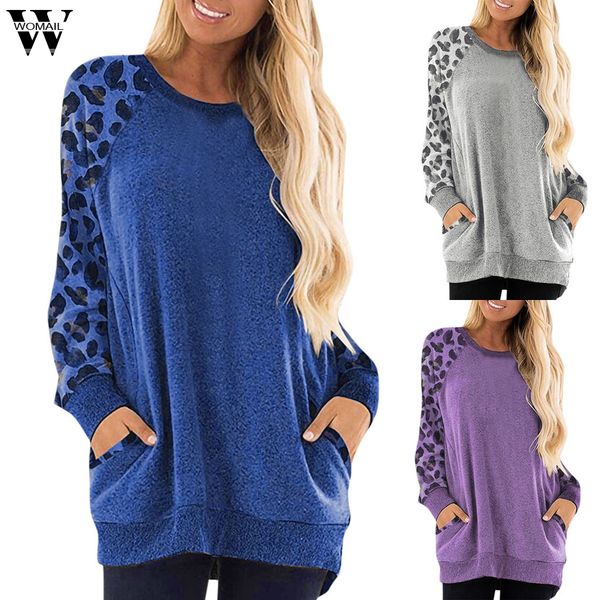 

womail leopard patchwork long sleeve regular sweatshirts round neck women winter fashion casual pockets pullover, Black