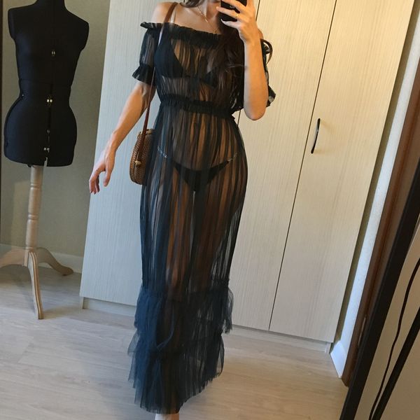 

женщины длинные платья макси клуб платье s 3xl 7 цвет плеча sheer сетки длинные платья лета frill ночной клуб sexy w77, Black;gray