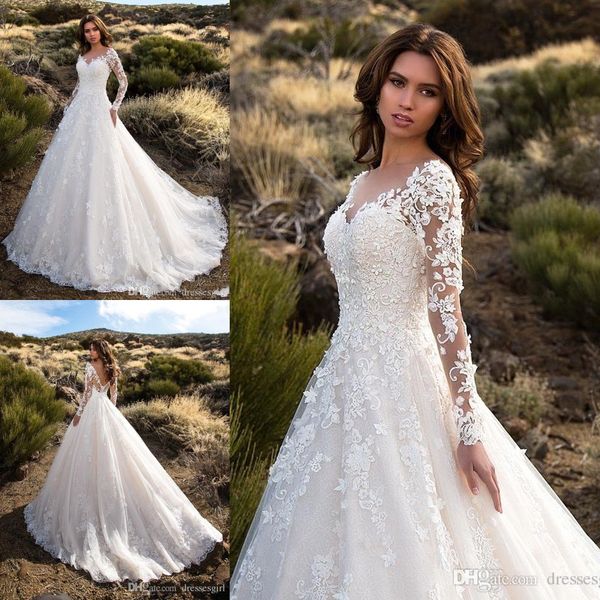 

elegant v cut back a line wedding dresses lace appliques long sleeve tulle bridal gown beach robe de mariee ba6671, White