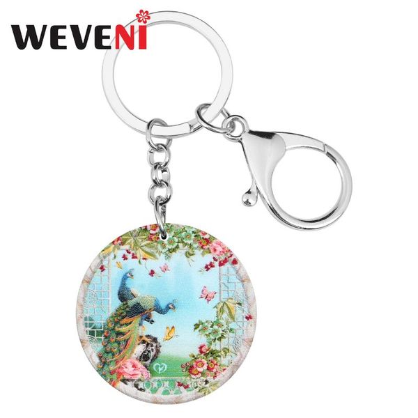

weveni acrylic round flower butterfly peapock peafowls keychains big animal keyring jewelry for women girls charm classic gifts, Silver