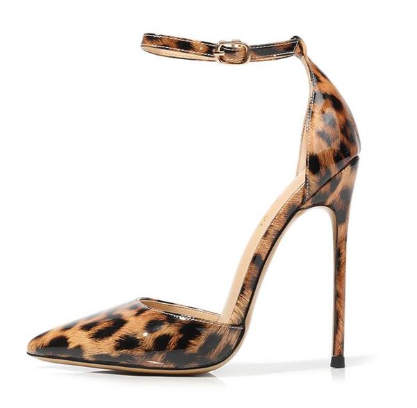 

carpaton ankle strap high heel shoes woman pointed toe leopard printed woman shoes super high cutouts party heels, Black