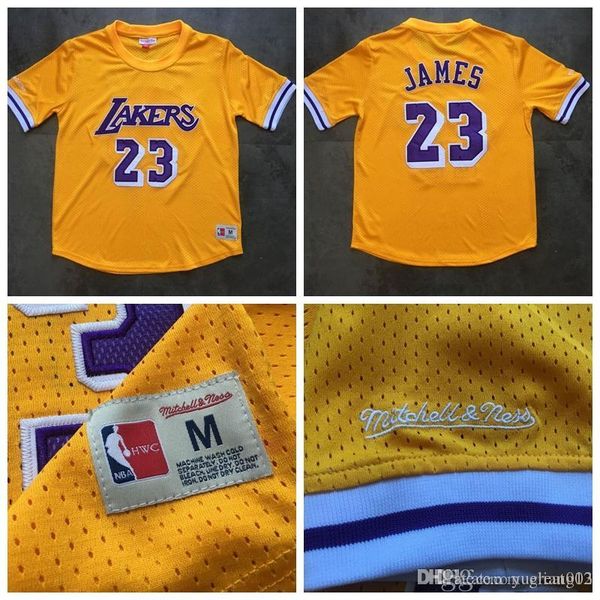 

los angeles lakers basketball nba jersey 23 lebron james pants mitchell ness dense au fabric yellew mesh jerseys, Black