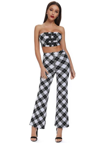 

new arrival plaid 2 piece women bandage set 2019 designer women's set, White