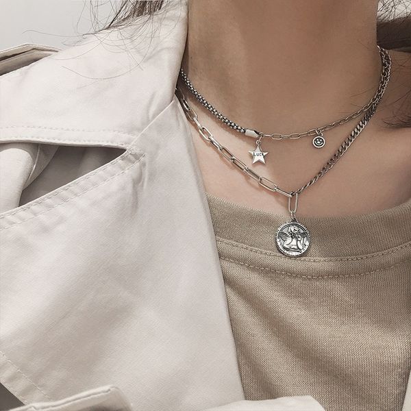 

925 sterling silver angel coin retro round necklace for female hip hop fashion chain thai silver niche design for cool female