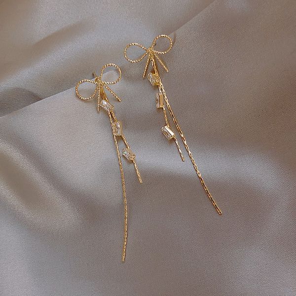 

korea fashion jewelry elegant metal copper bow earrings long tassel crystal earrings for women gift, Silver