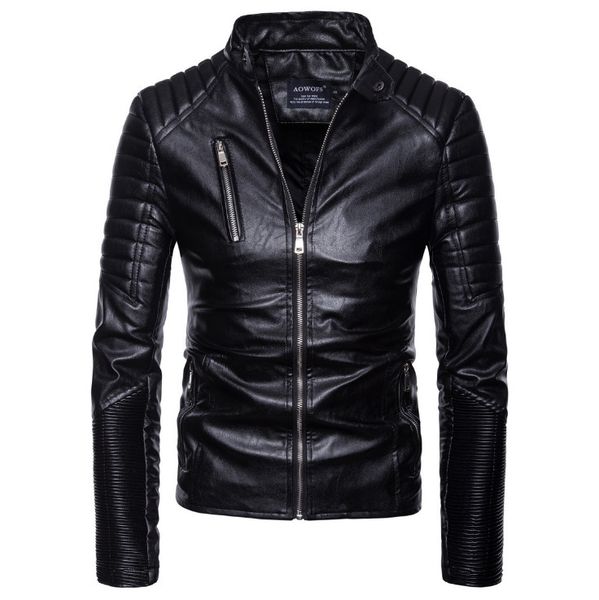 

tide men slim fit vintage pu jacket male motorcycle leather jackets coats fashion punk leather jacket jaqueta de couro masculina, Black