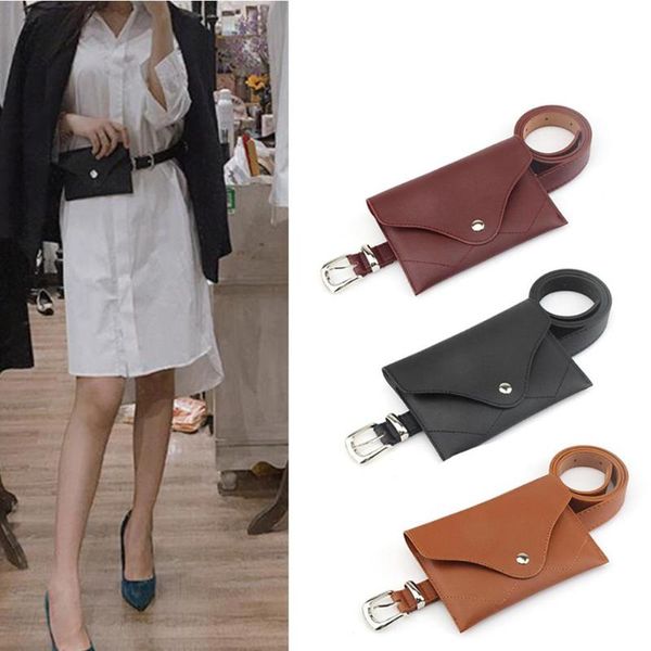 

women leather belt fanny pack with removable belts waist belt bag with hasp retro clothing accessories 5 colors, Black;brown
