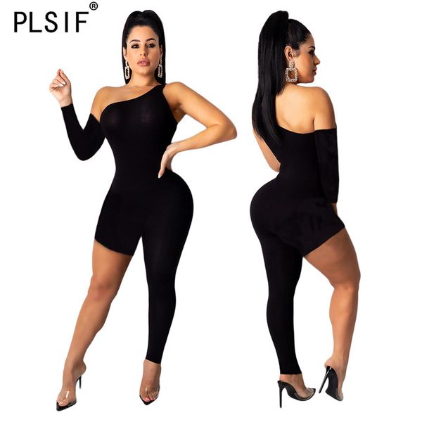 

европейский сексуальный асимметричный дизайн леди комбинезоны черный сексуальный тощий общий клуб косой воротник комбинезоны, Black;white