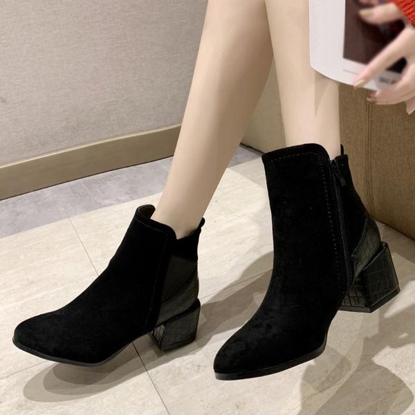 

solid alligator pattern short boots women suede suqare heels shoes zipper med heel round toe boots 2019 black woman