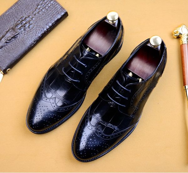 

men formal leather shoes wedding dress shoes men brogue carved office lace up breathable, Black