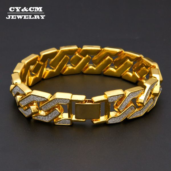 

sand blast bracelets cuban chain link alloy iced out hip hop gold silver tone heavy 16mm mens bling bracelet for men women 8.6, Black
