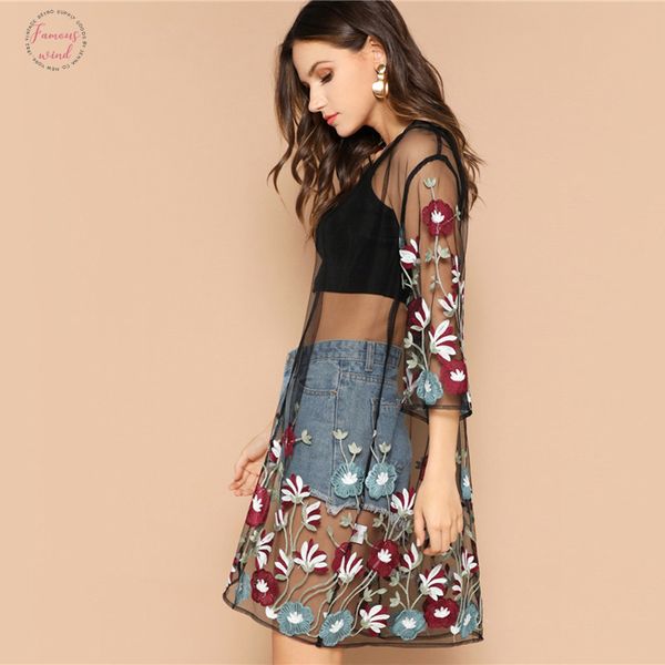 

multicolor цветы вышивка mesh sheer boho ярус кимоно кардиган лето женщин с длинным рукавом sexy beach vacation кимоно, White