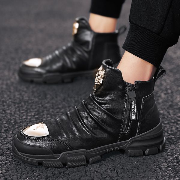 

original casual brand men shoes popular leather walking men footwear high zip casual shoes for rubber flats sneakers, Black