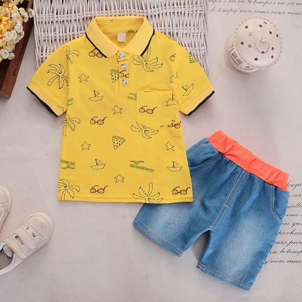 

children leaf glasses print clothing set boys lapel short t-shirt +denim shorts outfits kids suits sleeve shorts 0-4y, White
