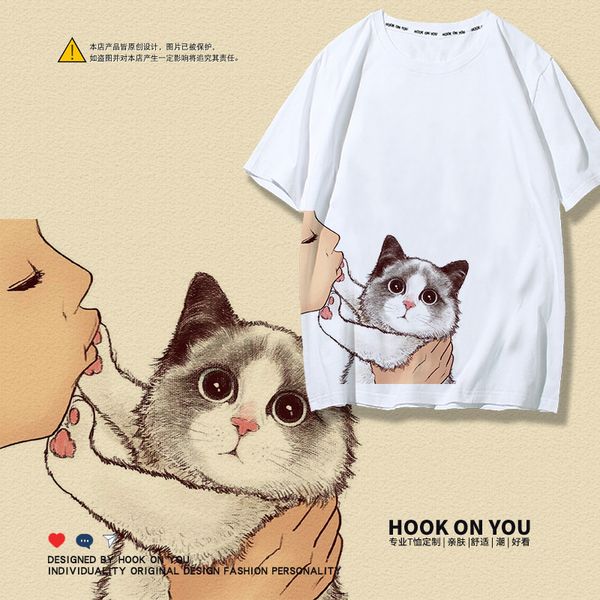 

китти с коротким рукавом мужчин и женщин футболка кошка рабом прекрасных мужчин и женщин печать мужские t рубашка короткий рукав одежда, White;black
