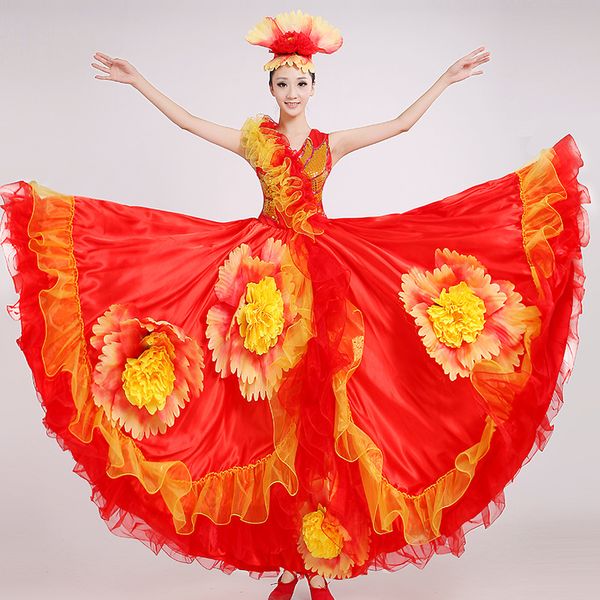 

the new spanish bullfighting dance skirt performance costume big swing skirt chorus suit female 360 degrees -720 degrees, Black;red