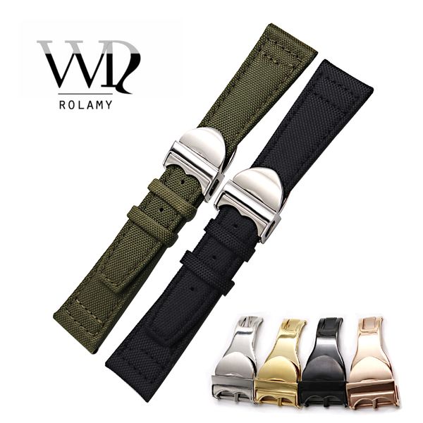 

rolamy watchbands 20 21 22mm green black nylon fabric leather band wrist watch band strap belt with deployment clasp wholesale, Black;brown