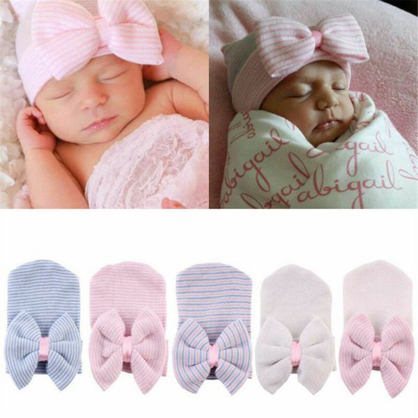 

baby girls infant toddlors striped soft hat with bow cap newborn boy beanie hats, Yellow