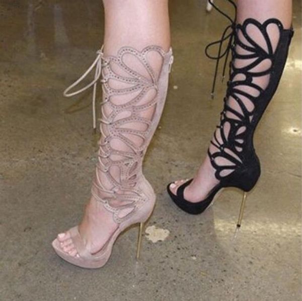 

gladiator sandals boots beige black faux suede hollow stilettos heels knee high boots women lace-up platform banquet shoes