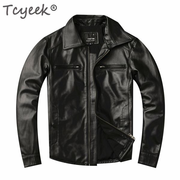 

tcyeek genuine leather jacket men clothes 2019 streetwear mens autumn sheepskin leather coat casual slim fit moto jackets lw1660, Black