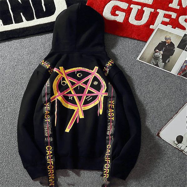 

men's hip-hop hoodie ribbon tide models sweater loose men hoodie jacket male and female high street teenagers m-2xl-dn, Black