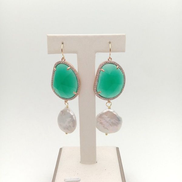 

e051628 white keshi pearl green crystal cz pace hook earrings, Silver