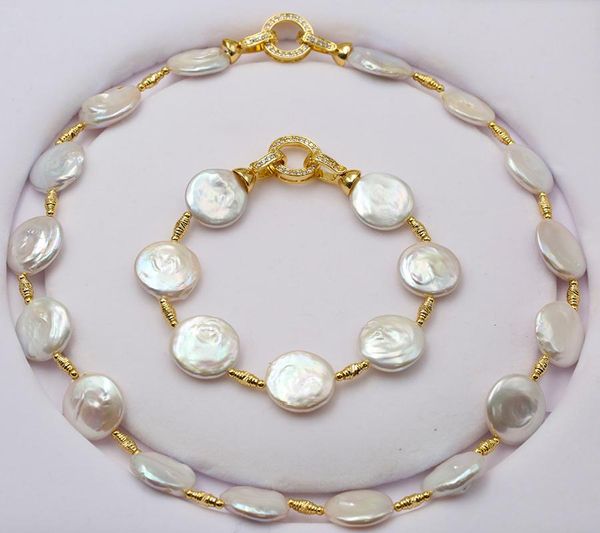 

18'' keshi pearl white coin pearl necklace and 8" bracelet two piece set, Silver