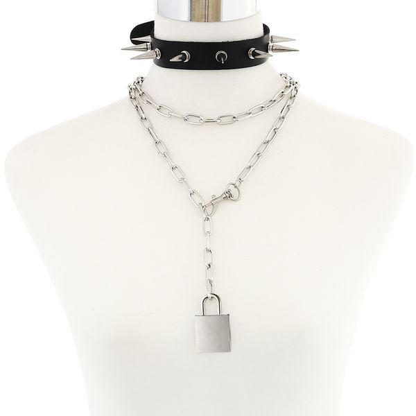 

punk spike choker set padlock chain necklace metal chain collar goth pendant necklace women black leather emo festival jewelry, Golden;silver