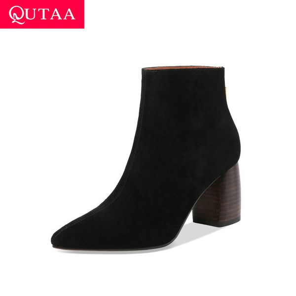 

qutaa 2020 new autumn winter zipper square high heel concise ankle boots cow suede fashion pointed toe women shoes size 34-39, Black
