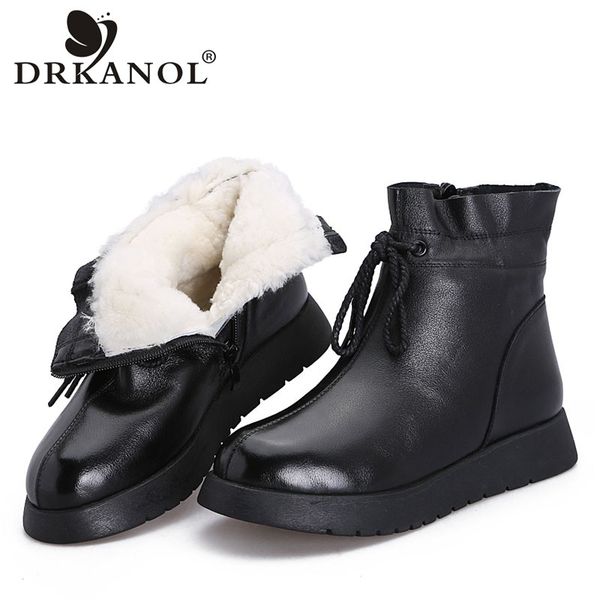 

drkanol 2019 waterproof women snow boots 100% genuine leather wool platform ankle boots for women winter fur warm flat shoes, Black