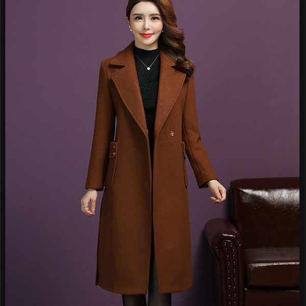 

plus size women winter wool long coat 2018 vintage elegant clothes fashion korean pockets coat, Black