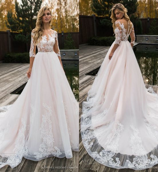 

light pink a line wedding dresses sheer jewel neck lace appliques sweep train half long sleeve bridal gowns bohemian wedding dress, White