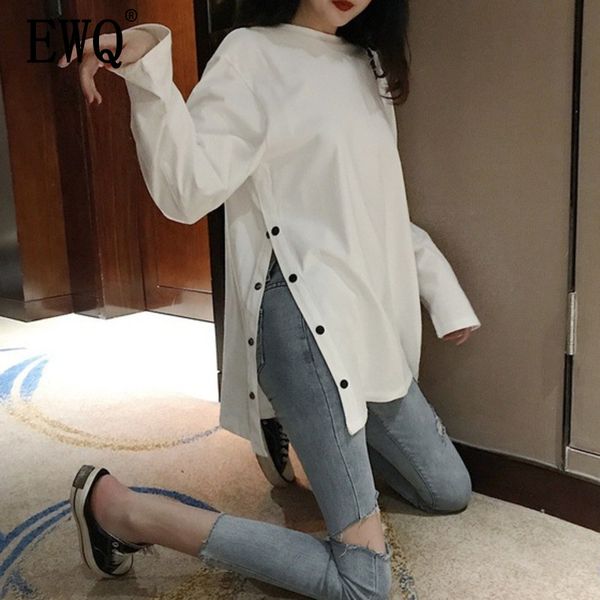 

women's t-shirt [ewq] spring summer arrivals o-neck full sleeve solid pattern women fashion trend split casual irregular ay80001m, White