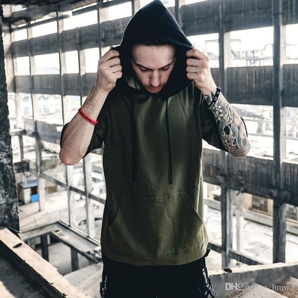 

hoodies men half sleeve hooded sweatshirts fashion streetwear contrast color youth hip hop clothing pullover hoodie tee, Black