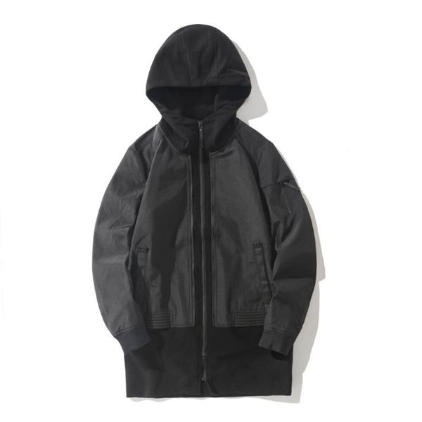 

2020 new spring jacket men trend fake 2 pieces coat spliced hooded men jacket autumn zipper long windbreaker male, Black;brown