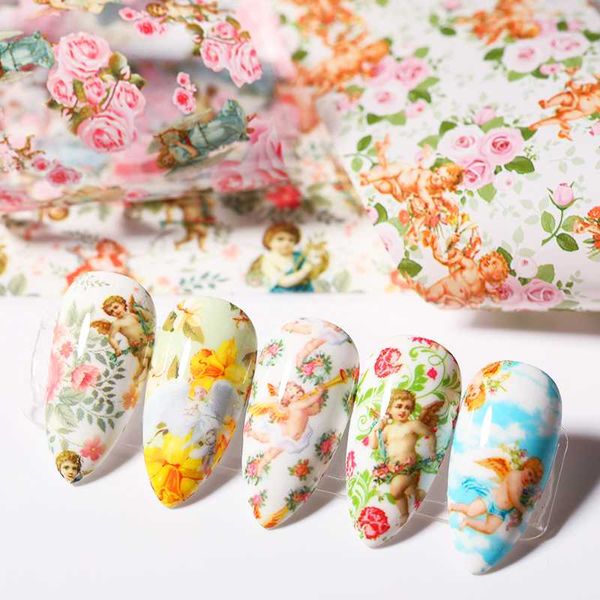 

10 pcs flower nail stickers angel pattern nail art transfer foil spring summer transfer stickers art decoration, Black