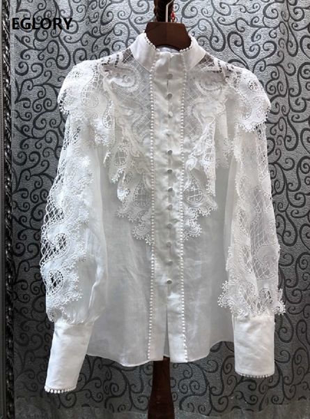 

designer blouse shirt 2020 spring summer women stand neck hollow out lace embroidery blue white shirt cotton linen
