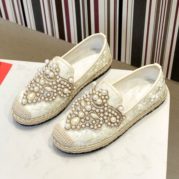 

spring lace espadrilles women flat shoes string bead mesh round toe slip-on loafers lady casual fashion shoes xwd7387, Black
