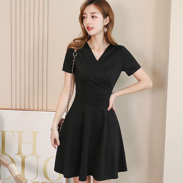 

peonfly v neck short sleeve solid party dress loose fashion elegant femme vestidos casual vintage 2019 new summer dress, Black;gray