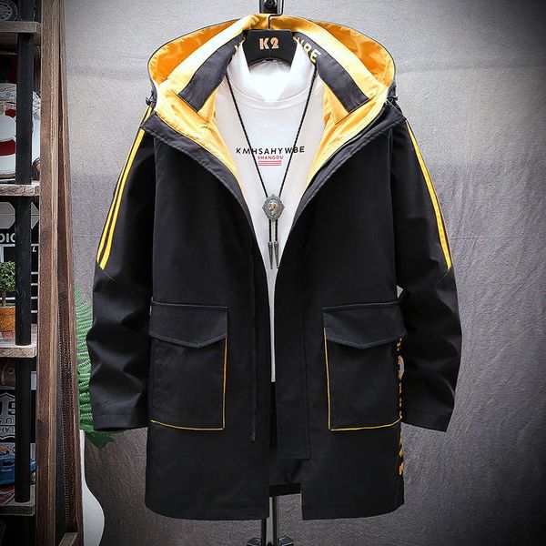 

autumn casual long jacket trench coats men fashion hooded elastic windbreaker pocket jackets men casual korean office hoodie, Black