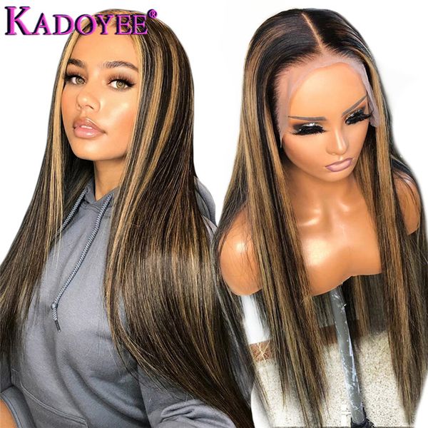 

straight lace front human hair wig with highlights ombre brown lace wig pre-plucked malaysia remy 13x6 front for women, Black;brown