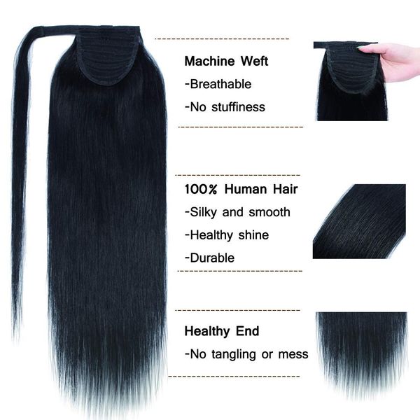 

human hair wrap ponytail hairpieces long short cute clip in pony tail hair extension handy jaw straight wavy pony tail 140g ing, Black