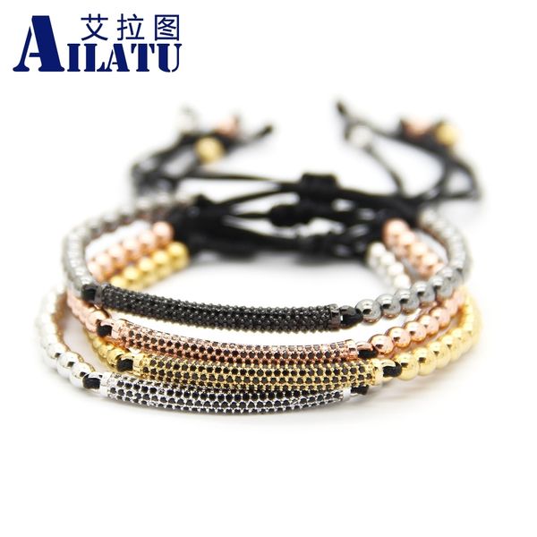 

ailatu new fashion jewelry 4mm bronze beads weave thin brass black cubic zirconia tube braided macrame bracelet, Golden;silver