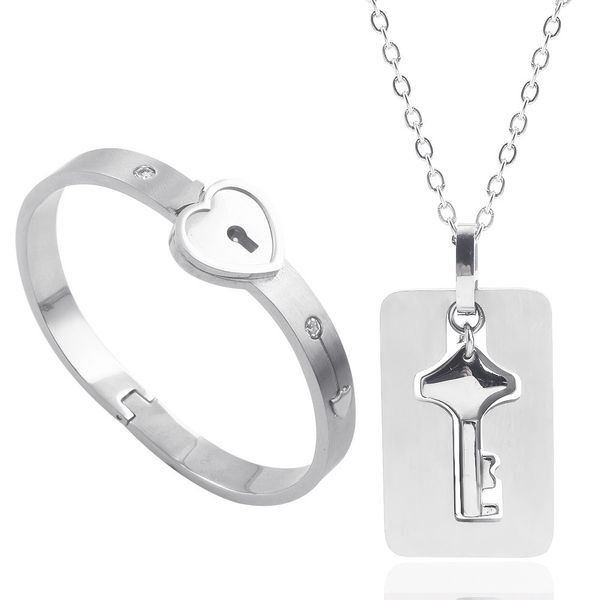 

New Concentric Lock Lover Set A Couple Jewelry Sets Stainless Steel Love Heart Lock Bracelets Bangles Key Pendant Necklace Couples Lovers