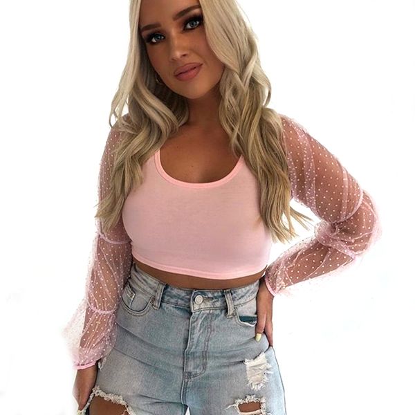 

womens blouses ladies see-through sheer mesh dot blouse transparent puff long sleeve cropped shirts summer casual new, White